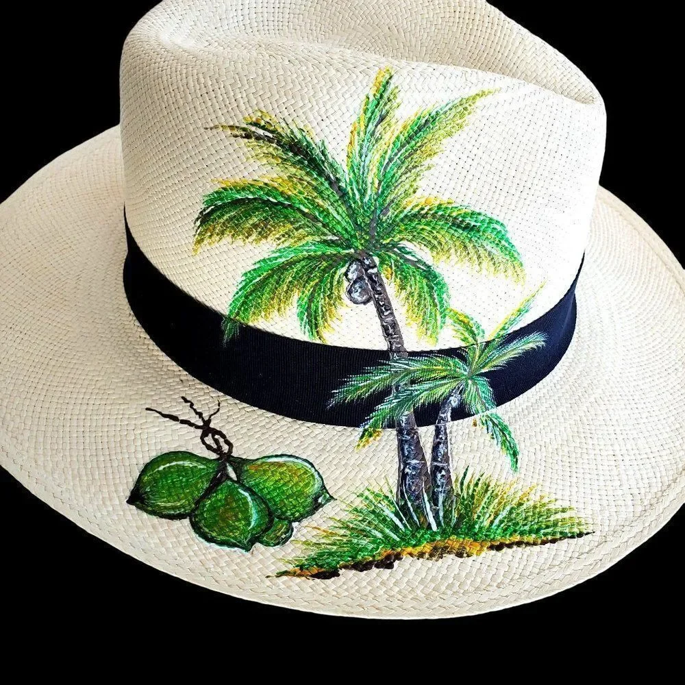 Panama Hat Medium Straw Woven Hand Painted Ecuador Beige NWOT
